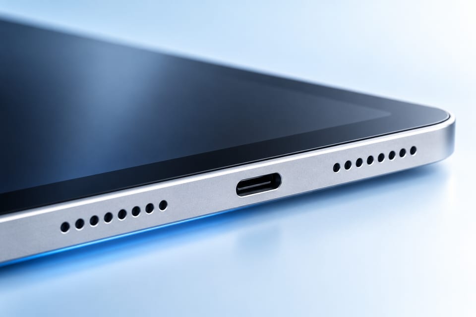 Zbliżenie krawędzi tabletu ze złączem USB-C i otworami głośnika w chłodnym, niebieskim świetle